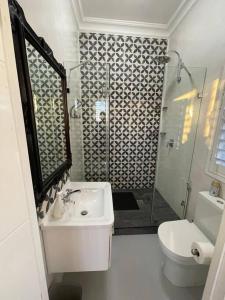a bathroom with a shower and a sink and a toilet at Dasseneiland Apartment Yzerfontein in Yzerfontein +15 photos