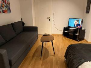 a living room with a couch and a tv at 5 min walking from Lausanne gare in Lausanne