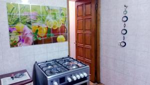 a stove in a kitchen with a painting on the wall at Nova Lux Apartments in Tbilisi City