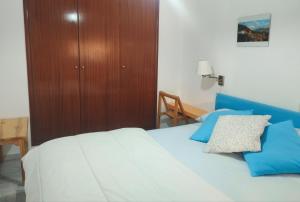 1 dormitorio con 1 cama con almohadas azules y armario de madera en Nevada Apartaments, en Cenes de la Vega