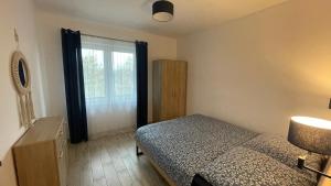 a bedroom with a bed and a large window at Dwupoziomowe Apartamenty Leszczyna in Ustroń