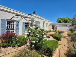 a garden in front of a house with white roses at Schoongezicht Guesthouse in Durbanville