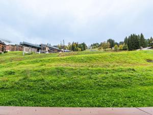 Un campo de césped verde con un edificio al fondo en Les Eterlous - 8 - Appt Montagne 4-6 pers, en Morillon 3 fotos más