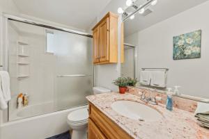 a bathroom with a sink and a toilet and a shower at Parkside Escape Oasis in Bellevue fully fenced in Bellevue +25 photos