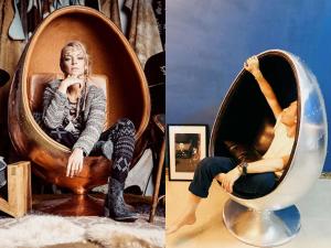 a woman sitting in a chair and a woman sitting in a egg chair at Chengdu city center Tianfu Square Kuanzhai Alley People's Park subway post-modern design 85 square meters 2 bedrooms 1 living room design B&B HD cinema family suite in Chengdu