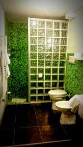 a green bathroom with a toilet and a glass wall at B&B Venice 1964 in Venice