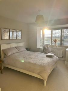 a bedroom with a bed and a chair and windows at Stylish room for Cheltenham races in Woolstone