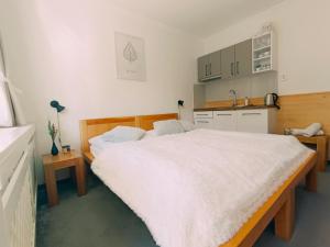 a bedroom with a white bed and a kitchen at Štúdio Srnček - Tatranská Štrba - wellness, bazén in Štrba +20 photos