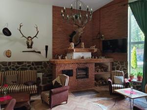 a living room with a fireplace and a tv at Štúdio Srnček - Tatranská Štrba - wellness, bazén in Štrba