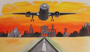 博洛尼亚Fly House Depandance的一架飞机正飞越一条城市公路。