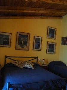 a bedroom with a blue bed with pictures on the wall at Agriturismo Luna di Miele in Monastero Bormida