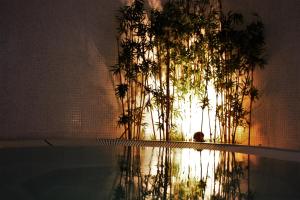 a person sitting in a swimming pool with plants at miKasa Agua Amarga & SPA in Agua Amarga