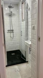 a bathroom with a shower and a sink at Hostal Ruano in Madrid +57 photos