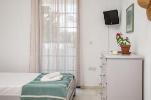 un dormitorio con una cama y una ventana en Hippocampus Apartments 2 min walk from the beach, en Moutsoúna 45 fotos más