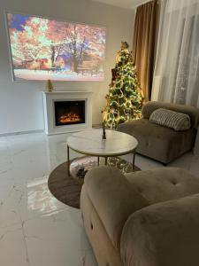 a living room with a christmas tree and a fireplace at HomeyHome Strasbourg in Schiltigheim