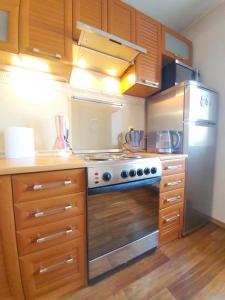 eine Küche mit Herd und Kühlschrank in der Unterkunft 2-х комнатная квартира в центре in Qaraghandy