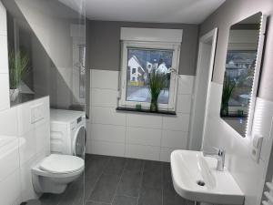 a bathroom with a toilet and a sink and a window at Ferienhaus Mosel-Wohnen l in Bruttig-Fankel +15 photos