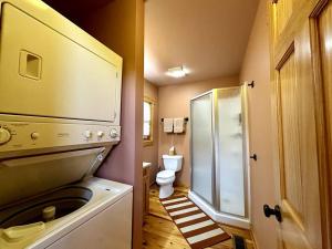 ein kleines Badezimmer mit Toilette und Dusche in der Unterkunft Lay Lodge at Falling Water Resort in Walhalla