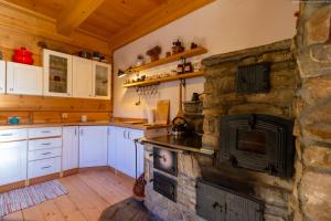 een keuken met een stenen open haard in een huisje bij Chata na Kowalówkach - domek w górach - blisko szlaków i wyciągu in Piwniczna