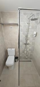 a bathroom with a toilet and a glass shower at NEO resort Hill jezero Bruje in Erdevik +43 photos