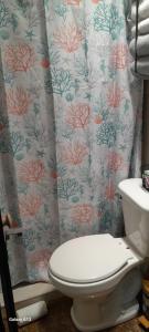a bathroom with a toilet and a shower curtain at Sugar Cakes Tiny House in Governorʼs Harbour