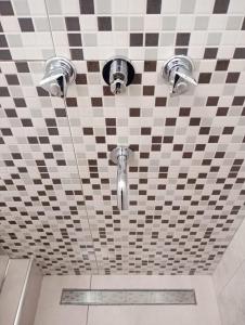 Una ducha con dos grifos y un techo de azulejos. en Apart Alsina V, en Junín