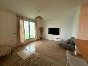 a living room with a couch and a tv at Appartement Cosy Cergy Le Haut Gare in Cergy