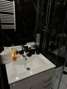 Un baño con lavabo blanco y ducha. en Koperkowe Domki Zakopane, en Zakopane 28 fotos más