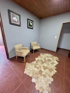 Gobernador RocaにあるDepartamentos En Roca sobre ruta 12の椅子2脚と大きなラグが備わる客室です。