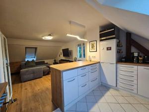 a kitchen with white cabinets and a living room at FeWo Wittig am Kulturbahnhof 2 in Leisnig