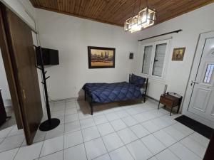 a living room with a bed and a tv in it at Jimmy's House in Mavrommátion