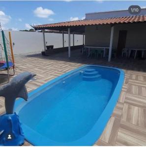 Ein Delfin springt aus einem blauen Pool in der Unterkunft Lugar encantador! in Jacumã