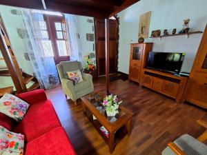 Una sala de estar con un sofá rojo y un televisor. en Cozy Canarian House La Casa de mis Abuelitos by HRTenerife Net, en Los Silos