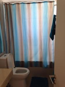 a bathroom with a toilet and a shower curtain at Departamento 706 5 Poniente in Viña del Mar