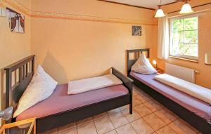 two beds in a room with two windows at Ferienwohnung Südmüritz in Vipperow