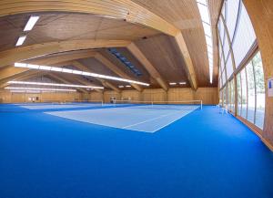 a tennis court in a large building with a blue floor at Hotel Restaurant Moosmühle in Dietenhofen