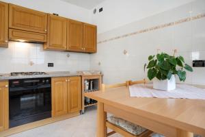 a kitchen with wooden cabinets and a table with a potted plant at Casa Hueller Roncegno in Roncegno