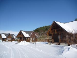 a row of log homes in the snow at Awone Shirakami Juniko in Fukaura