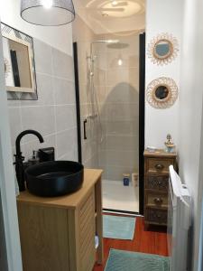 un bagno con un lavandino nero e una doccia di La Chèvrerie de Saint-Vigor a Saint-Vigor-dʼYmonville Altre 6 foto