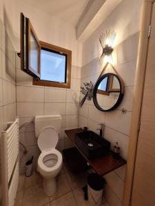 a small bathroom with a toilet and a mirror at D and D Home Alonissos in Alonnisos +11 photos