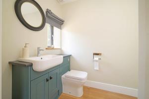 a bathroom with a sink and a toilet and a mirror at Contemporary Cottage & Garden in Dorset in Blandford Forum +19 photos