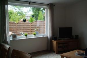 a living room with a window and a television at Haus-Nordsturm in Borkum