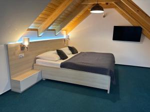 a bedroom with a bed and a flat screen tv at Spa Hotel Podlesí - Walldorf a Pohádková vesnička in Podlesí