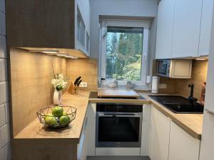 Kuchyň nebo kuchyňský kout v ubytování Frankenwald Ferienhaus FourStars am See in Lichtenberg, Bayern, Oberfranken, Bad Steben - Hof -Saale, Rennsteig