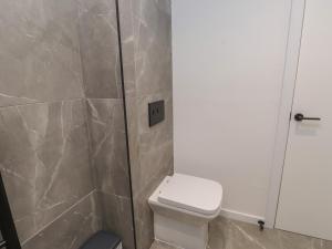 a bathroom with a toilet and a shower at Sea Cliff in Pwllheli +20 photos