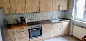a kitchen with wooden cabinets and a sink at Komfortable Apartments Steger in Frammersbach