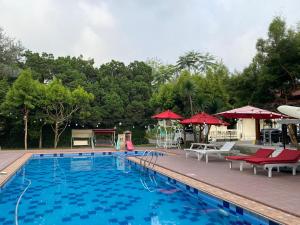 a swimming pool with red chairs and umbrellas at Hotel Indah Palace Tawangmangu in Tawangmangu
