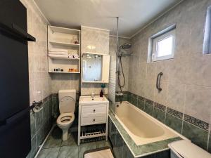 a bathroom with a toilet and a sink and a tub at Ozone Home in Cluj-Napoca +34 photos