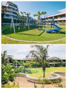 two pictures of a park with a playground at Luxury studio apartment in Umhlanga, South Africa in Umhlanga