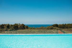 a blue swimming pool with the ocean in the background at Luxury studio apartment in Umhlanga, South Africa in Umhlanga +10 photos